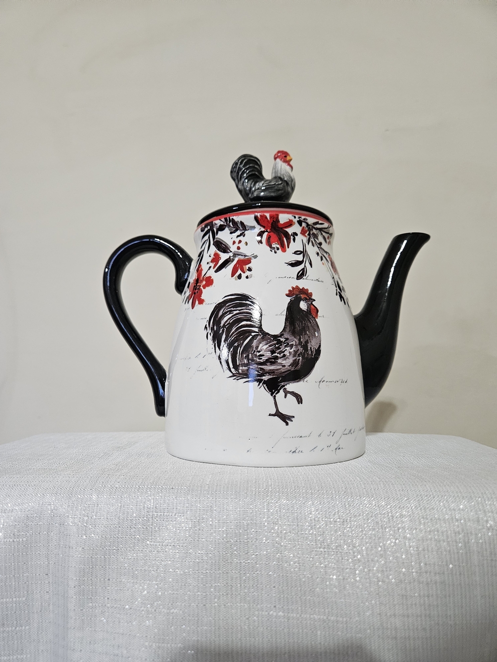 Cracker Barrel Ceramic Rooster Teapot - White, Black & Red